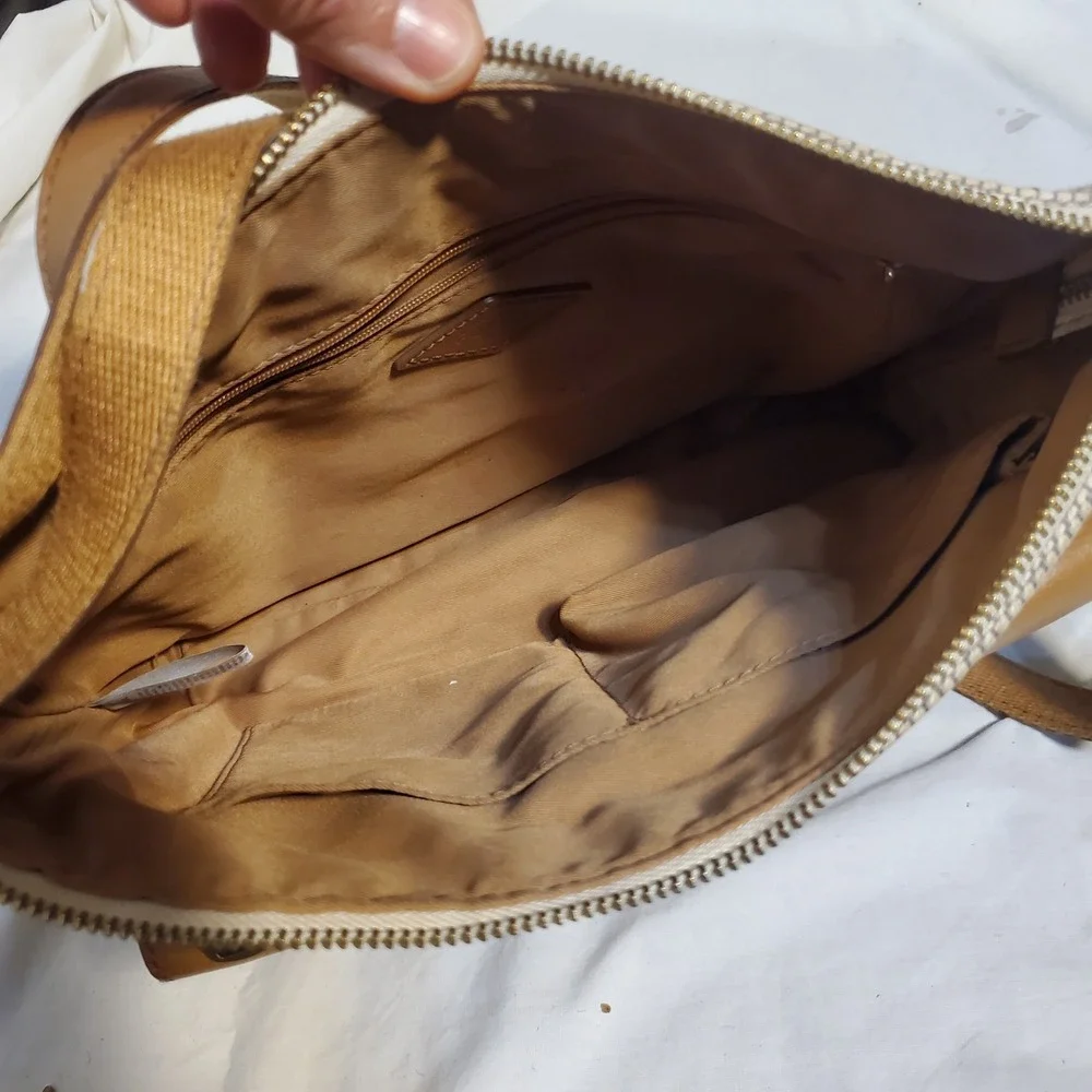 Fossil Women's Kinley Crossbody Tan‎ Bag Leather & Canvas Med Adj Strap